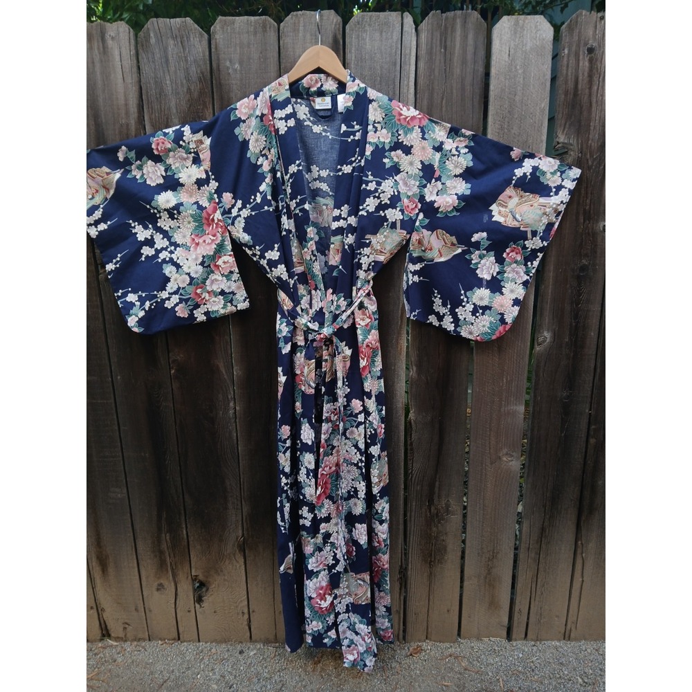 Nwot Smithsonian Cotton Kimono Robe Navy Blue Princess Peony Yukata M - Picture 3 of 11
